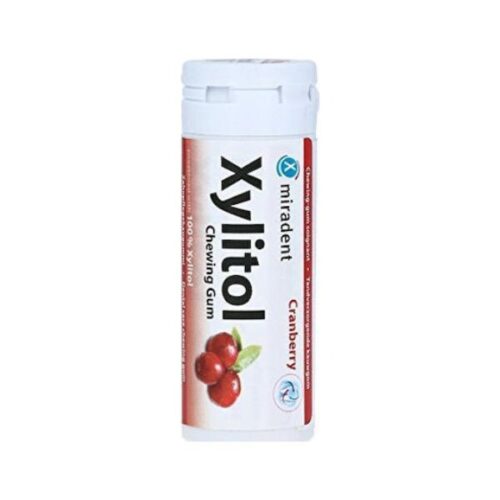 Miradent Xylitol Chewing Gum Cranberry 30pcs is a sugar-free chewing gum that helps to promote oral health and freshen breath with its natural cranberry flavor and xylitol content.