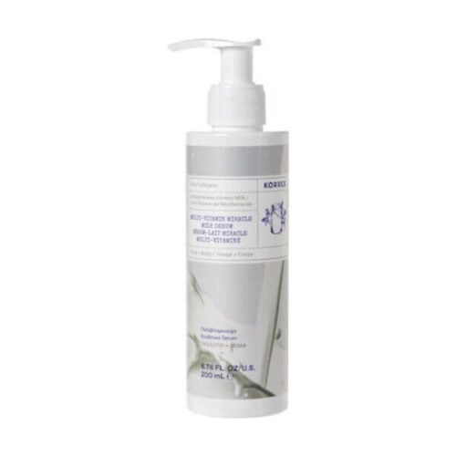 Donkey milk serum with vitamins for face & body. Antioxidant & brightening benefits for all skin types. 200ml bottle.