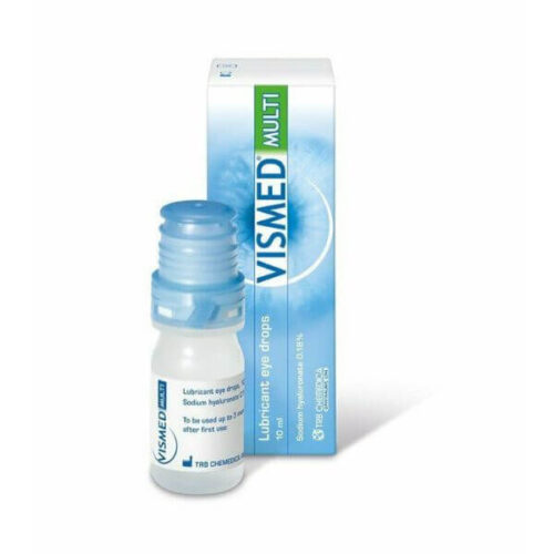 Vismed Multi Lubricant Eye Drops: a 10ml bottle of sodium hyaluronate 0.18% solution for dry eyes, providing effective and long-lasting moisture