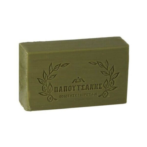 Papoutsanis Traditional Green Soap is a 125g bar soap made with natural ingredients, including olive oil, and is perfect for cleansing and nourishing the skin.