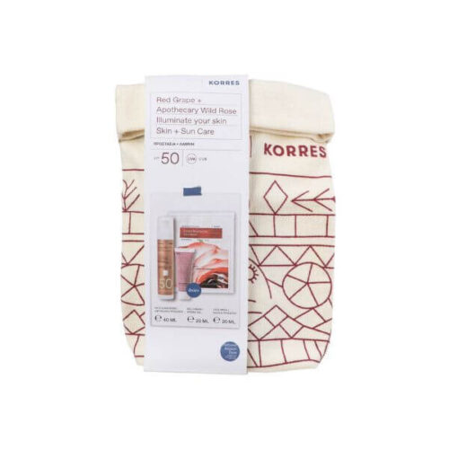 Protect and brighten your skin with Korres Red Grape Apothecary Wild Rose set, including facial sunscreen SPF 50 40ml, cream gel 20ml, and facial mask 20ml.