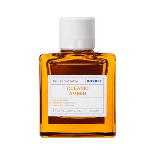 Korres Oceanic Amber Eau De Toilette is a 50ml fragrance that features the scents of oceanic and amber notes, creating a captivating aroma.