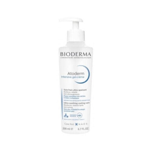 Bioderma Atoderm Ultra-Soothing Cooling Care Intensive Gel-Cream is a skincare product that comes in a 200ml container. It is designed to provide intense hydration and soothing relief to dry, sensitive, and irritated skin.