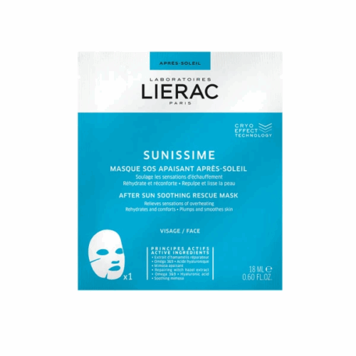 Lierac Sunissime After-Sun Soothing Mask 18ml – cooling sheet mask with hyaluronic acid, avocado oil & mimosa for sun-stressed skin