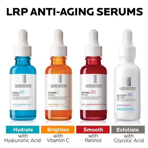 La Roche-Posay anti-aging serum collection featuring Hyalu B5 for hydration, Vitamin C for brightening, Retinol B3 for smoothing, and Glycolic B5 for exfoliating skin.