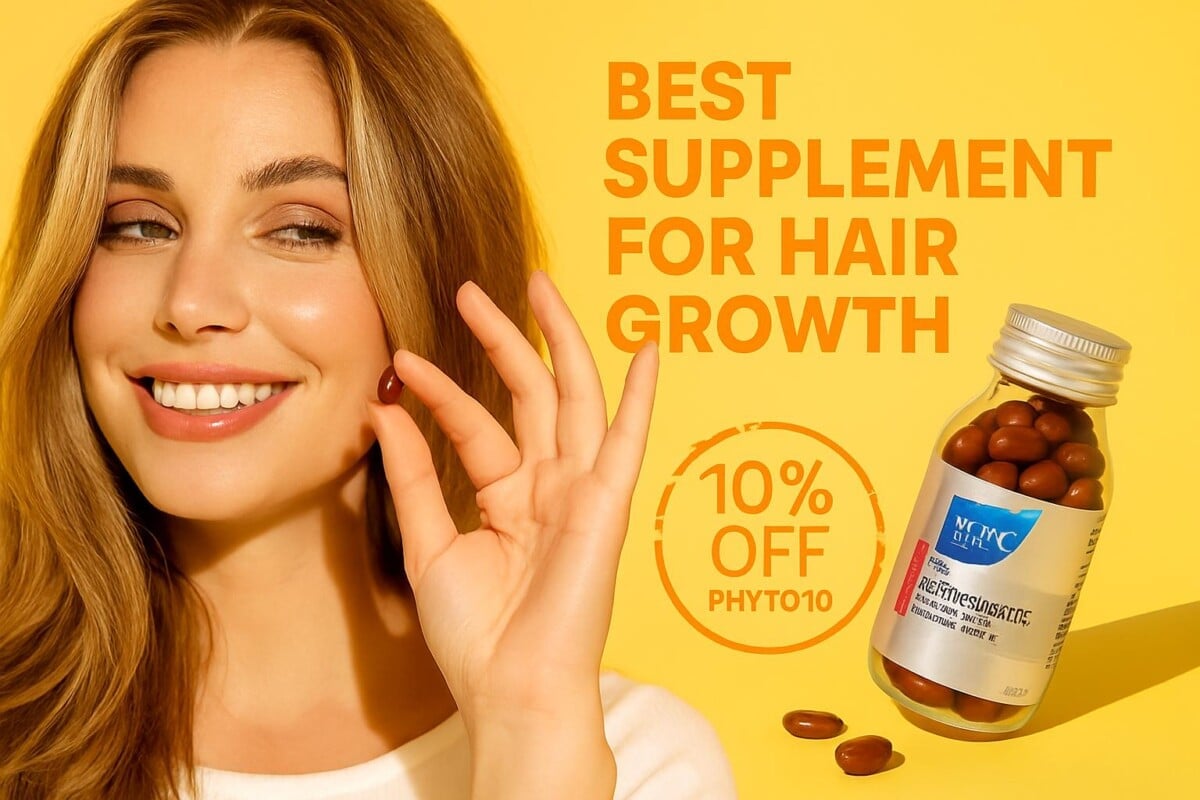 Promotional banner for Phytophanère hair loss supplements featuring a woman holding a capsule and a bottle of Phytophanère vitamins on a bright, sunny background with a 10% discount code “PHYTO10”.